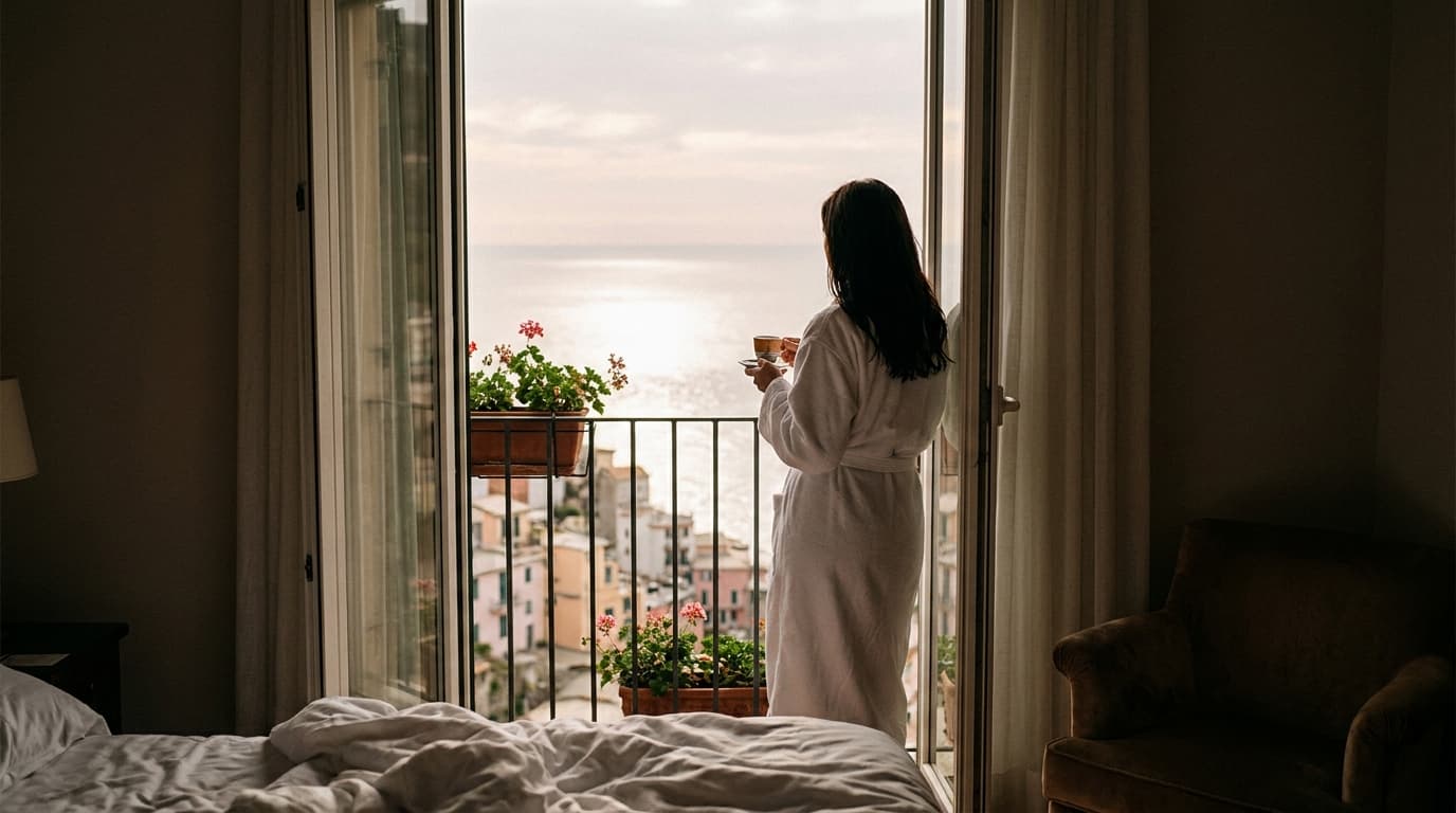 A guest with her morning espresso at a balcony overlooking the sea